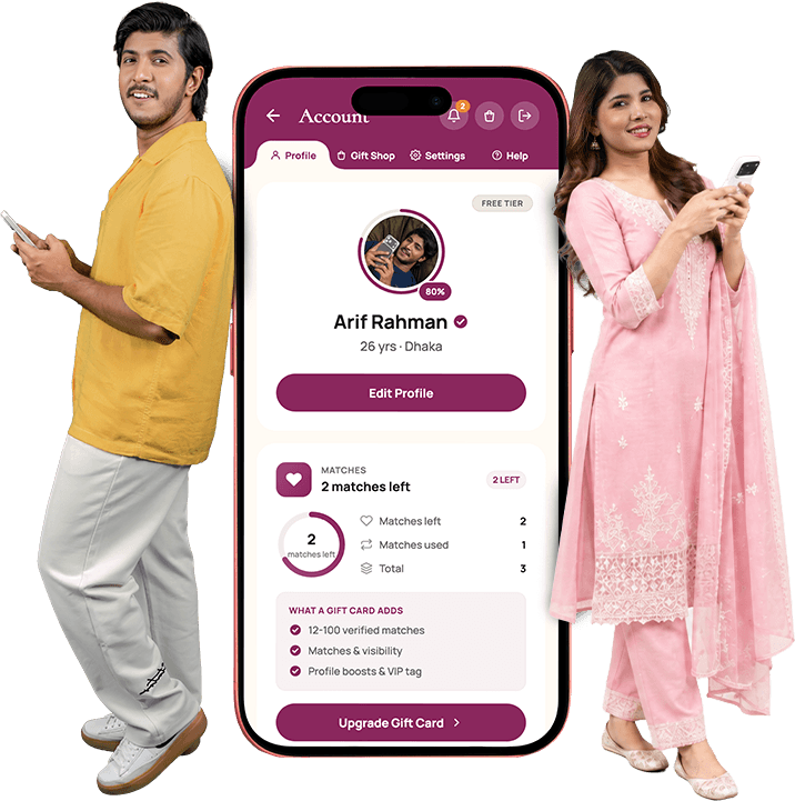 A man and a woman with their phones, beside a phone showing a member's MatchBD account